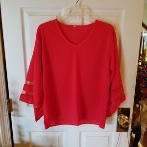RED COTTON TOP W/ SEE THRU SLEEVES